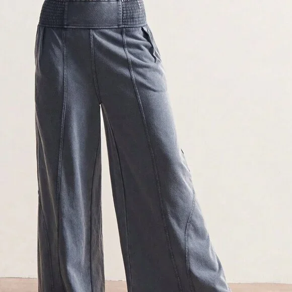 Grey Casual Women's Loose Wide Leg Washed Pants - Picture 3 of 7